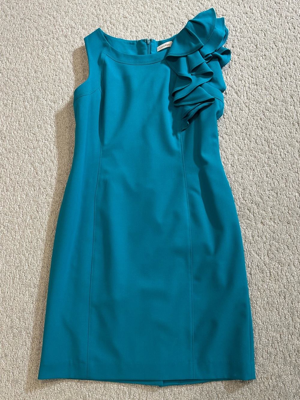 Calvin Klein Teal One-Shoulder Ruffle Sheath Dress Size 12
